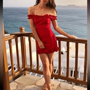 NWOT REFORMATION Bonita Red Cherry Off the Shoulder 100% Linen Runched Dress 4